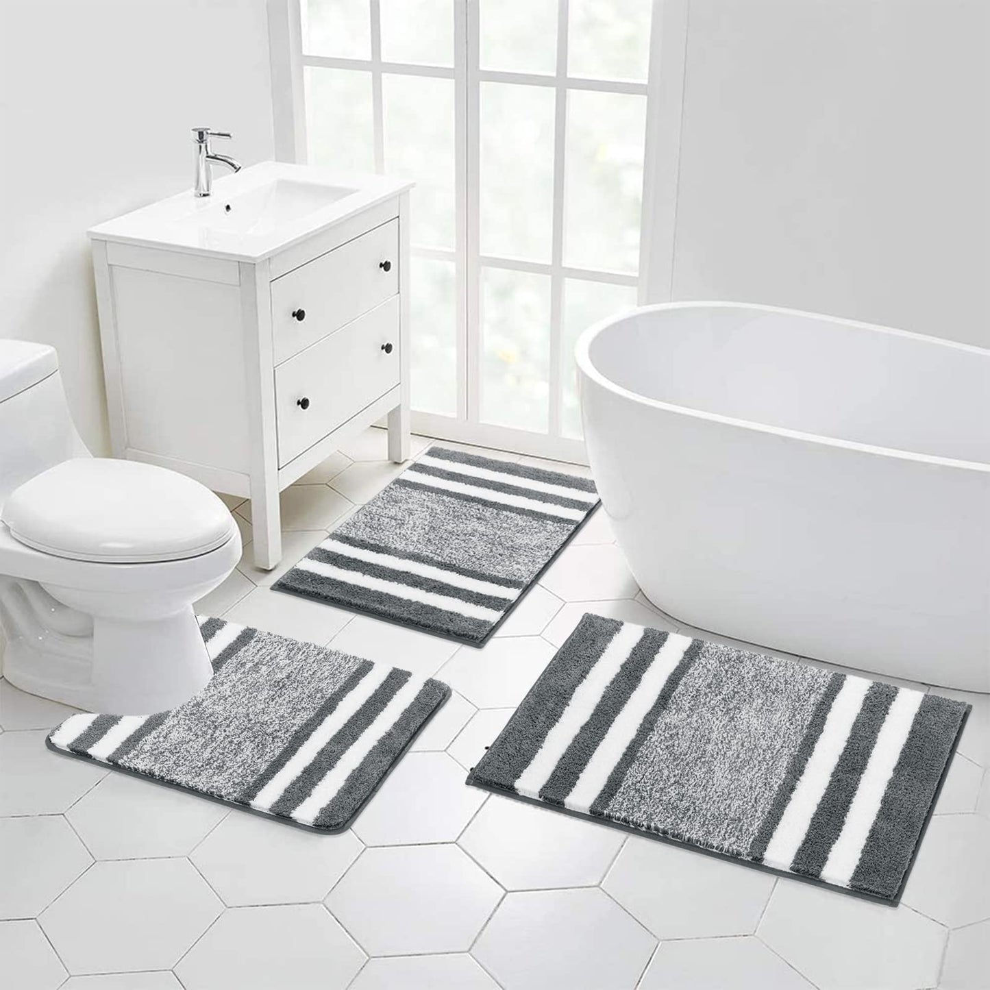 Pauwer Lot de 3 Tapis de Bain et Tapis Contour WC de Luxe en Microfibre Super Doux, Pelucheux, Lavables en Machine, Tapis de Douche Absorbant pour Salle de Bain, Gris Foncé