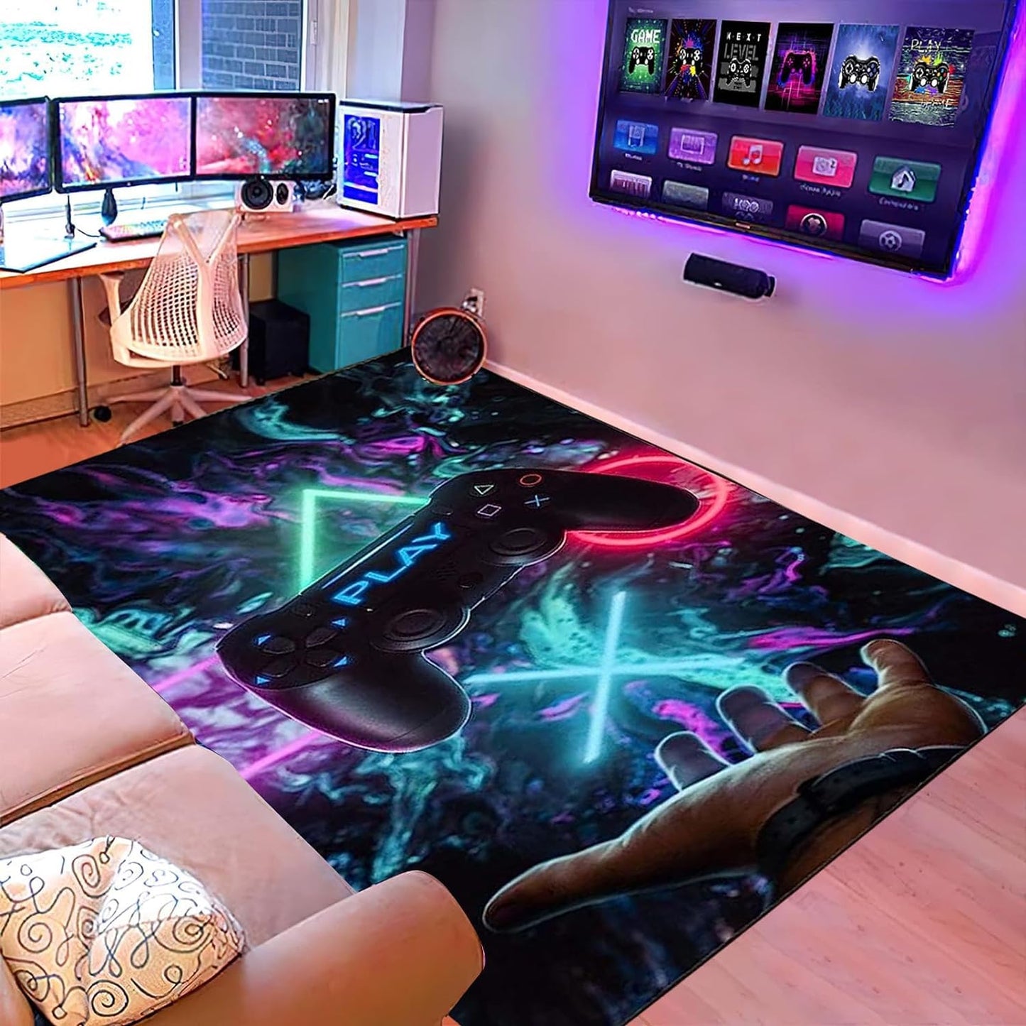 Tapis 3D Gamepad Motif de Manette de Jeu 120 x 160 cm, Tapis Manette De Jeux Coloré et Moderne De Grande Surface en et Antidérapante, Idéal pour Salon, Chambre De Garçon et Chambre d'Adolescent (A)