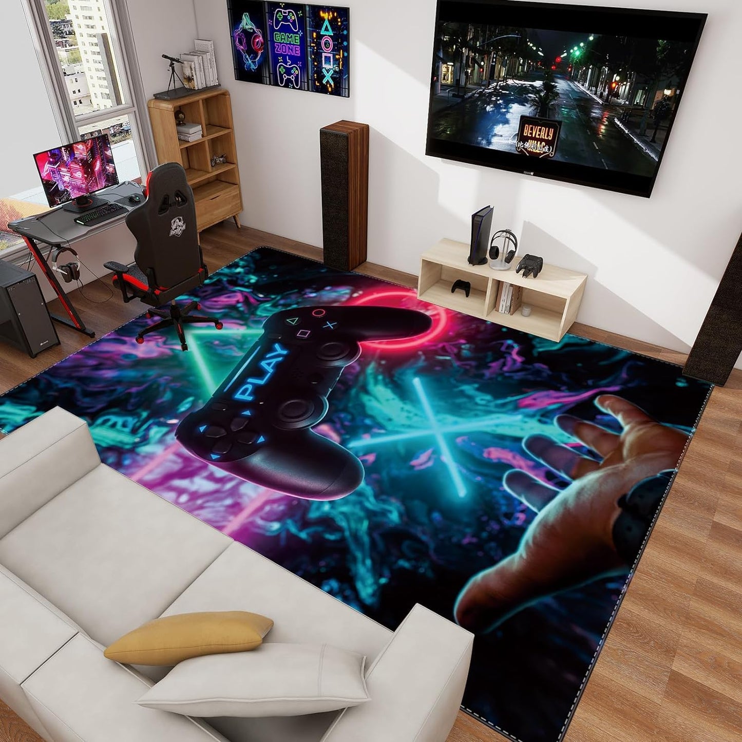 Tapis 3D Gamepad Motif de Manette de Jeu 120 x 160 cm, Tapis Manette De Jeux Coloré et Moderne De Grande Surface en et Antidérapante, Idéal pour Salon, Chambre De Garçon et Chambre d'Adolescent (A)