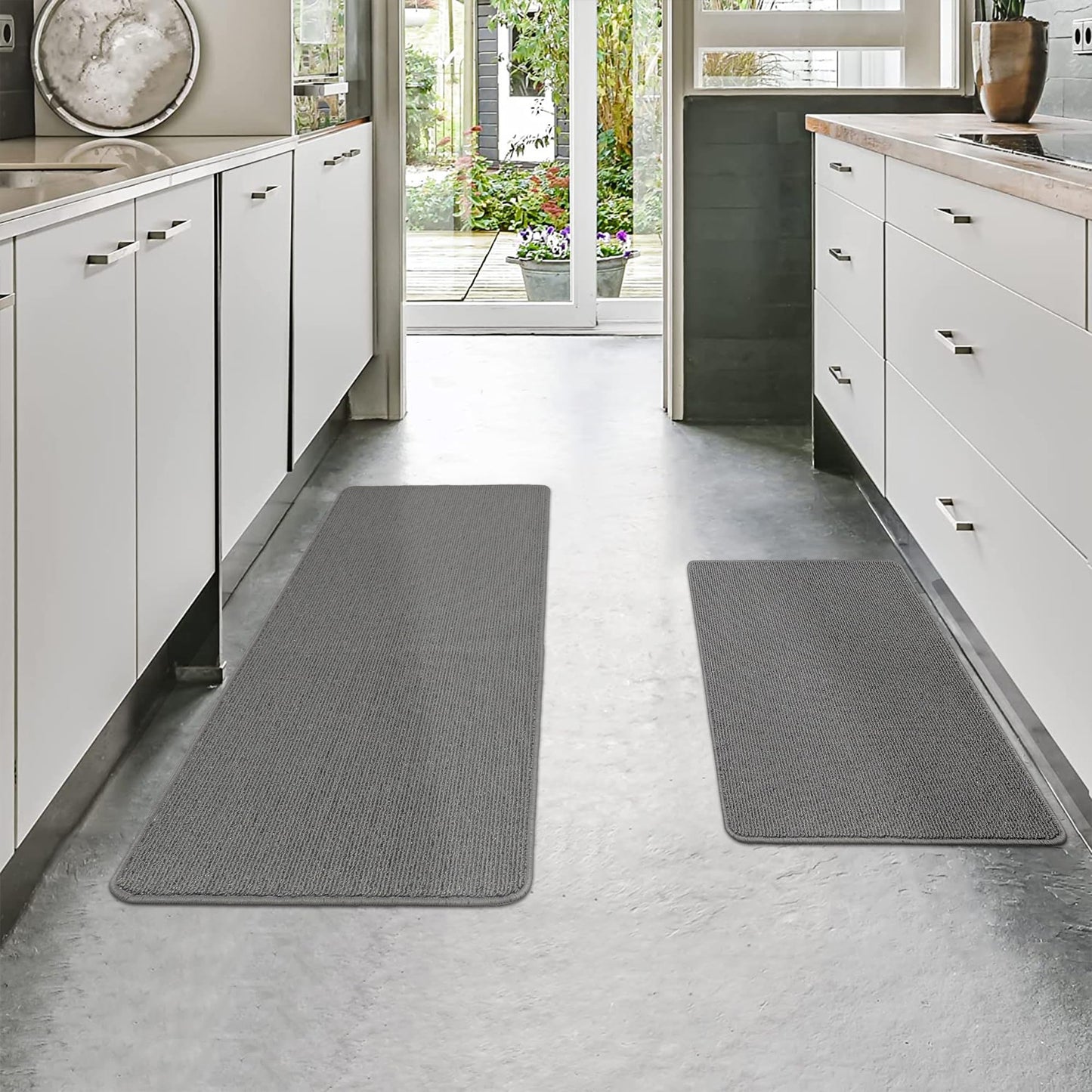 COSY HOMEER Lot de 2 Tapis de Cuisine Antidérapants et Lavables, Tapis Cuisine Devant Évier Anti-Salissures, pour Cuisine, Buanderie, Entrée, Couloir, 51 x 76 cm + 51 x 122 cm, Gris