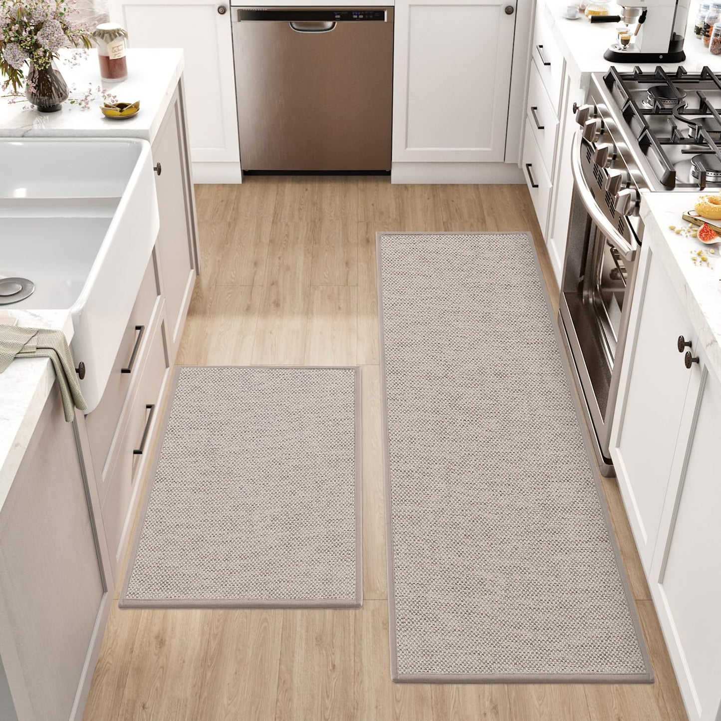 DEXI 2 Pièces Tapis Cuisine Antidérapant, Tissé Tapis de Couloir, Tapis de Cuisine Devant Evier Lavable, Anti-saleté Tapis pour Cuisine, Salon, Bureau-(43.5x75cm + 43.5x150cm, Beige)