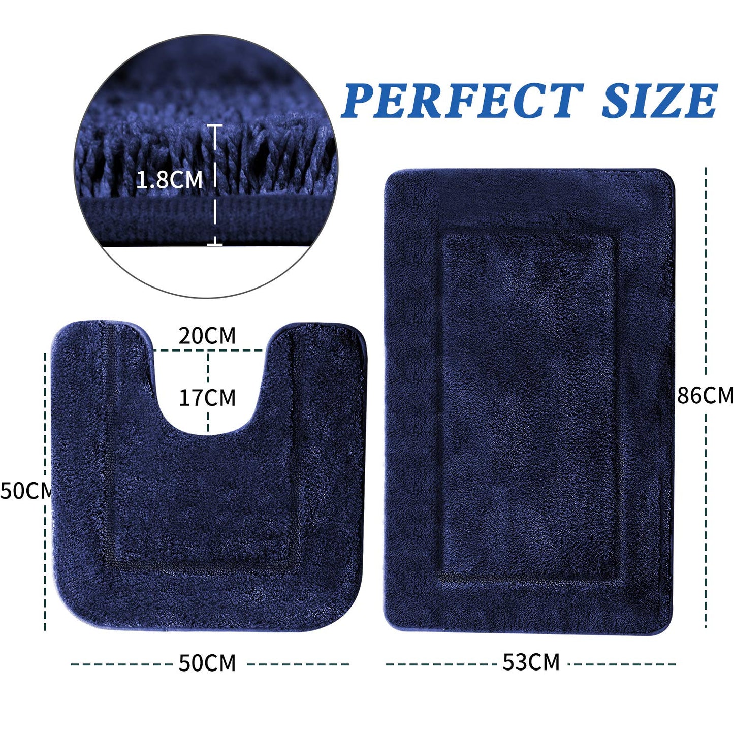 SOANNY Set de 2 Tapis de Bain Bleu, Microfibre Douce, Antidérapants, 53 x 86 cm et 50 x 50 cm