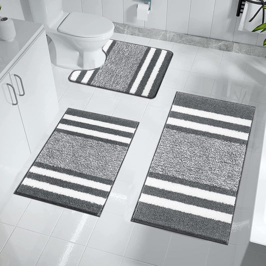 Pauwer Lot de 3 Tapis de Bain et Tapis Contour WC de Luxe en Microfibre Super Doux, Pelucheux, Lavables en Machine, Tapis de Douche Absorbant pour Salle de Bain, Gris Foncé