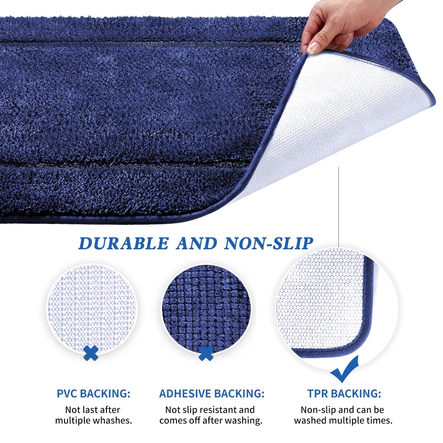 SOANNY Set de 2 Tapis de Bain Bleu, Microfibre Douce, Antidérapants, 53 x 86 cm et 50 x 50 cm