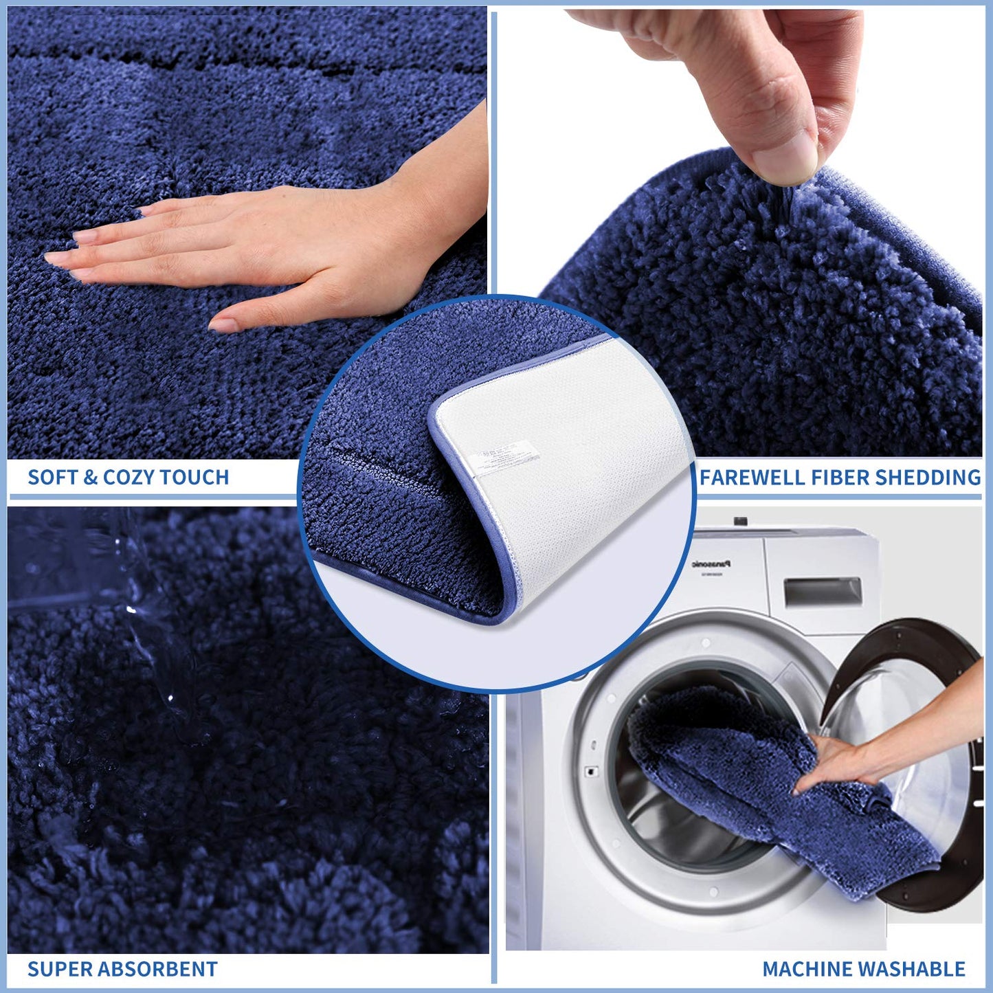 SOANNY Set de 2 Tapis de Bain Bleu, Microfibre Douce, Antidérapants, 53 x 86 cm et 50 x 50 cm