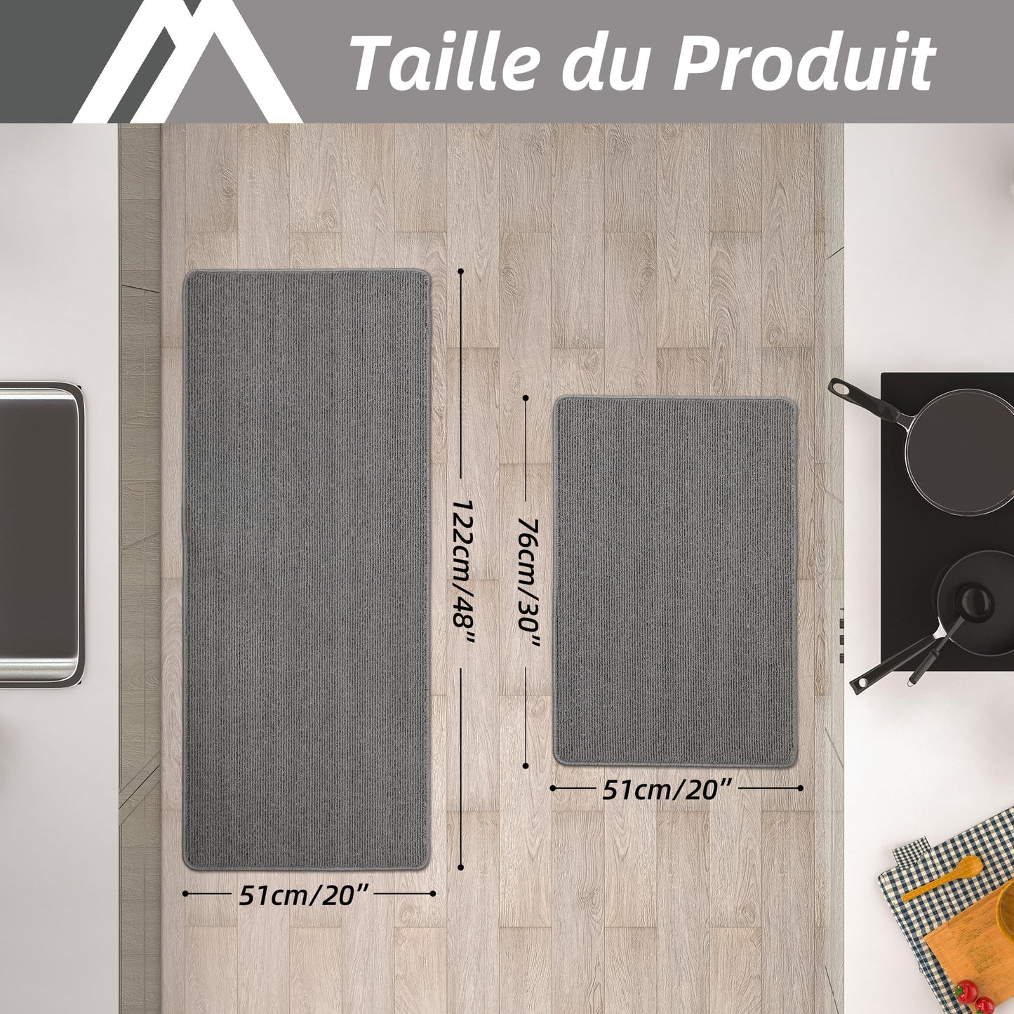 COSY HOMEER Lot de 2 Tapis de Cuisine Antidérapants et Lavables, Tapis Cuisine Devant Évier Anti-Salissures, pour Cuisine, Buanderie, Entrée, Couloir, 51 x 76 cm + 51 x 122 cm, Gris